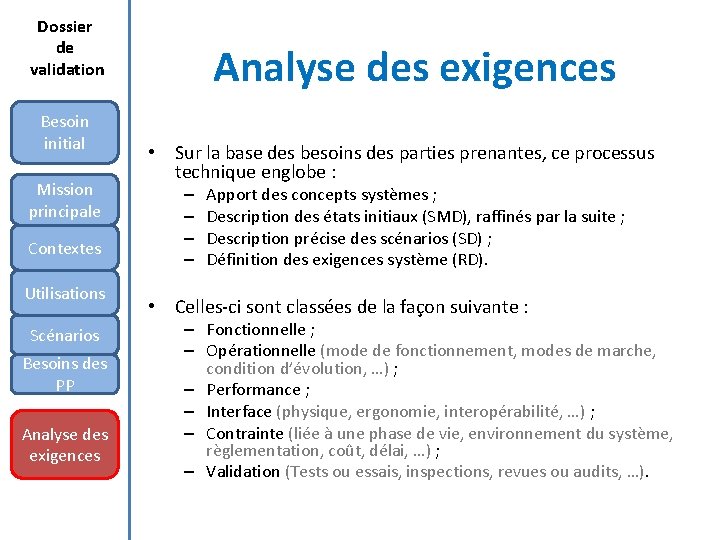 Dossier de validation Besoin initial Mission principale Contextes Utilisations Scénarios Besoins des PP Analyse