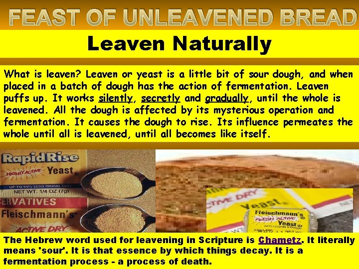 FEAST OF UNLEAVENED BREAD Leaven Naturally What is leaven? Leaven or yeast is a