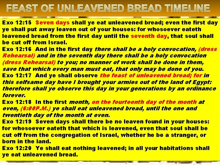 FEAST OF UNLEAVENED BREAD TIMELINE Exo 12: 15 Seven days shall ye eat unleavened