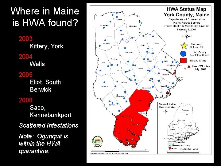 Where in Maine is HWA found? 2003 Kittery, York 2004 Wells 2005 Eliot, South