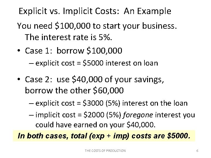 Explicit vs. Implicit Costs: An Example You need $100, 000 to start your business.