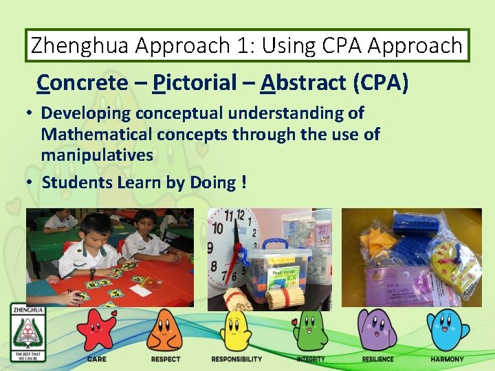 Zhenghua Approach 1: Using CPA Approach Concrete – Pictorial – Abstract (CPA) • Developing