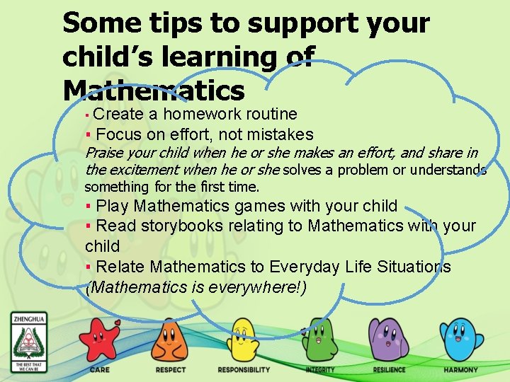 Some tips to support your child’s learning of Mathematics ▪ Create a homework routine