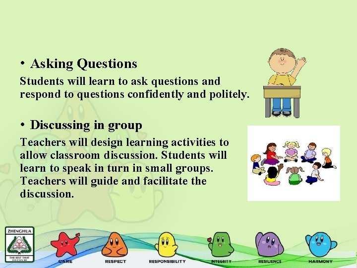  • Asking Questions Students will learn to ask questions and respond to questions