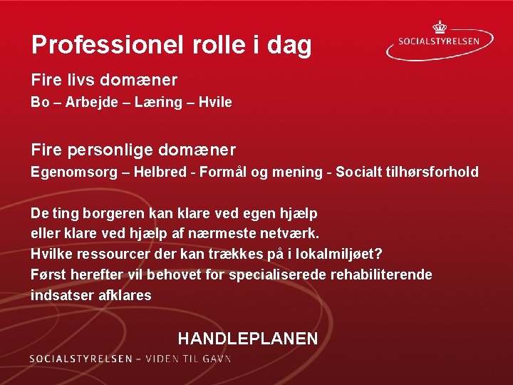 Professionel rolle i dag Fire livs domæner Bo – Arbejde – Læring – Hvile