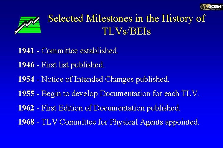 Selected Milestones in the History of TLVs/BEIs 1941 - Committee established. 1946 - First