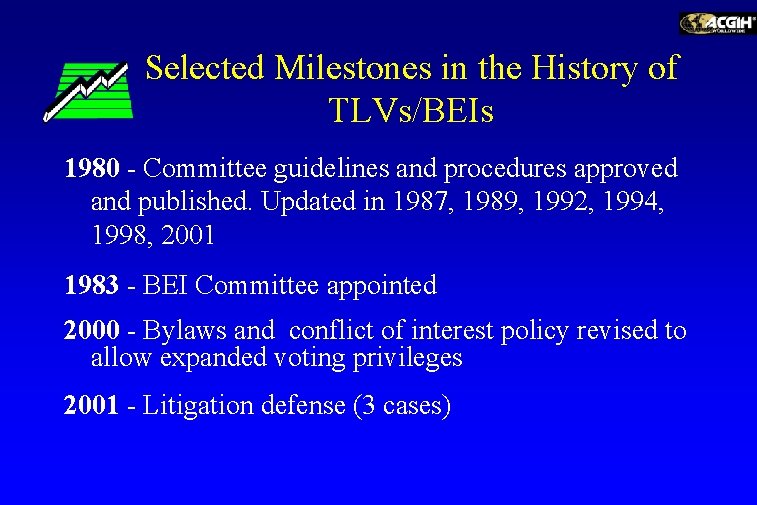 Selected Milestones in the History of TLVs/BEIs 1980 - Committee guidelines and procedures approved