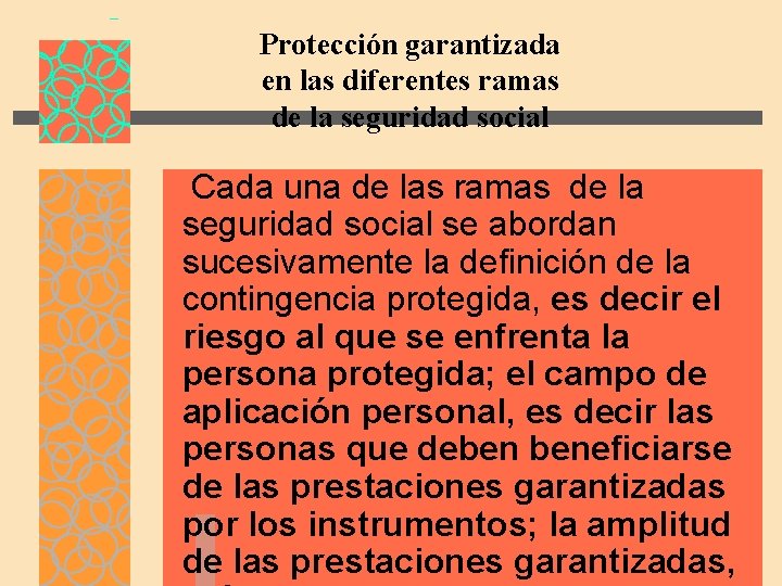 Protección garantizada en las diferentes ramas de la seguridad social Cada una de las