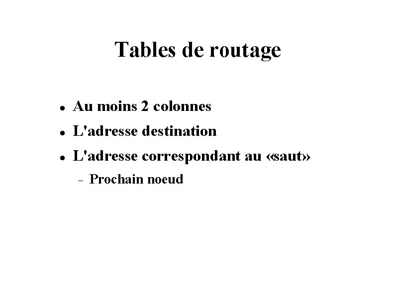 Tables de routage Au moins 2 colonnes L'adresse destination L'adresse correspondant au «saut» Prochain Tables de routage Au moins 2 colonnes L'adresse destination L'adresse correspondant au «saut» Prochain