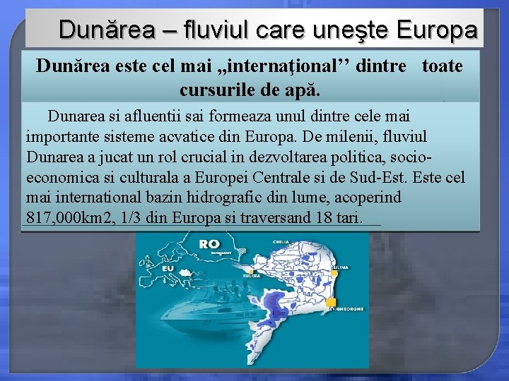 Dunărea – fluviul care uneşte Europa Dunărea este cel mai , , internaţional’’ dintre