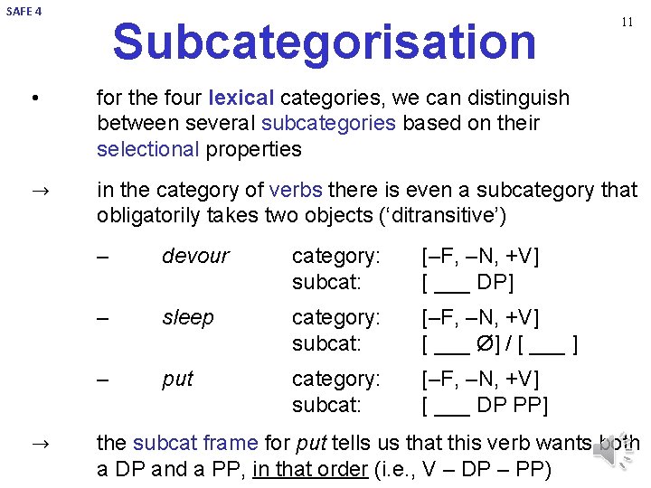 SAFE 4 Subcategorisation 11 • for the four lexical categories, we can distinguish between