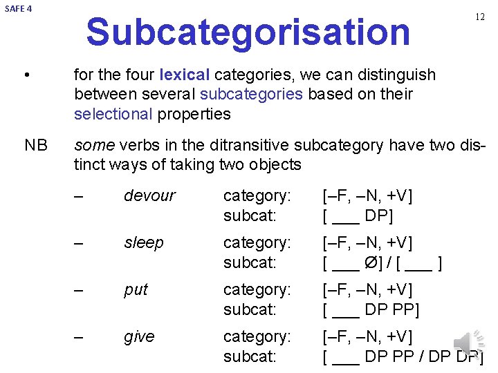 SAFE 4 Subcategorisation 12 • for the four lexical categories, we can distinguish between