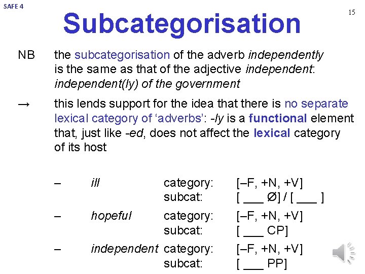 SAFE 4 Subcategorisation 15 NB the subcategorisation of the adverb independently is the same
