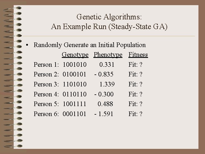 Genetic Algorithms: An Example Run (Steady-State GA) • Randomly Generate an Initial Population Genotype