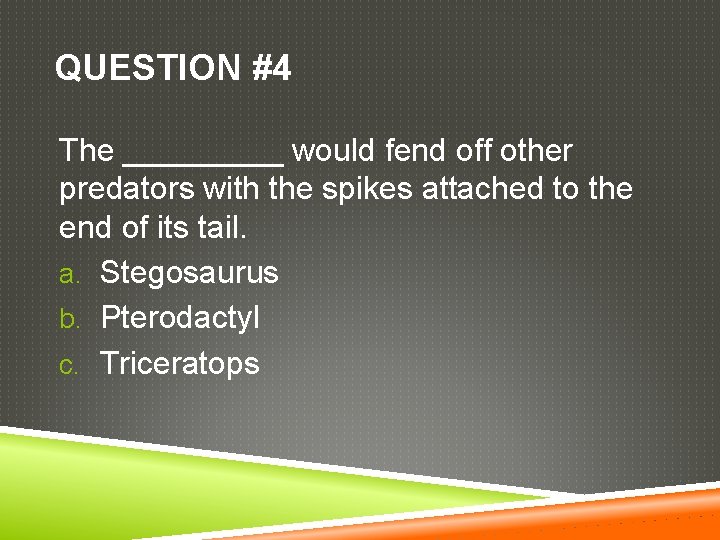 QUESTION #4 The _____ would fend off other predators with the spikes attached to