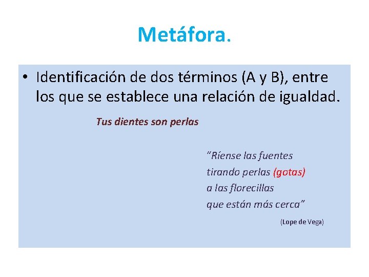 Metáfora. • Identificación de dos términos (A y B), entre los que se establece