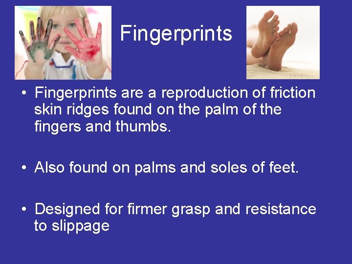 Fingerprints • Fingerprints are a reproduction of friction skin ridges found on the palm