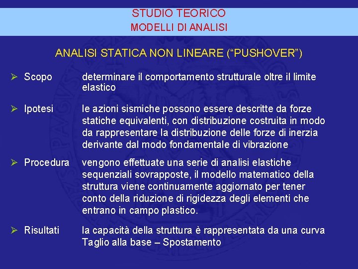 STUDIO TEORICO MODELLI DI ANALISI STATICA NON LINEARE (“PUSHOVER”) Ø Scopo determinare il comportamento