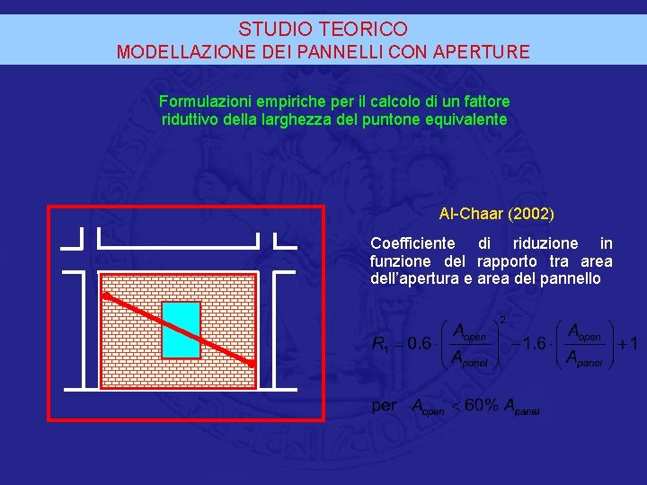 STUDIO TEORICO MODELLAZIONE DEI PANNELLI CON APERTURE Formulazioni empiriche per il calcolo di un