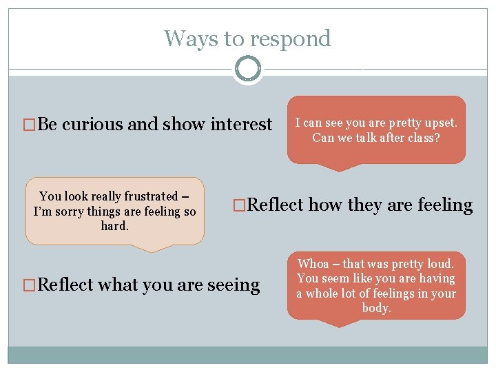 Ways to respond �Be curious and show interest You look really frustrated – I’m