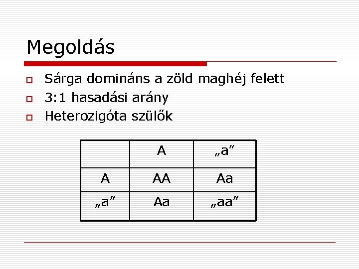 Megoldás o o o Sárga domináns a zöld maghéj felett 3: 1 hasadási arány