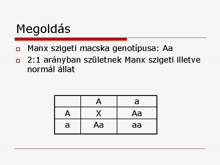 Megoldás o o Manx szigeti macska genotípusa: Aa 2: 1 arányban születnek Manx szigeti