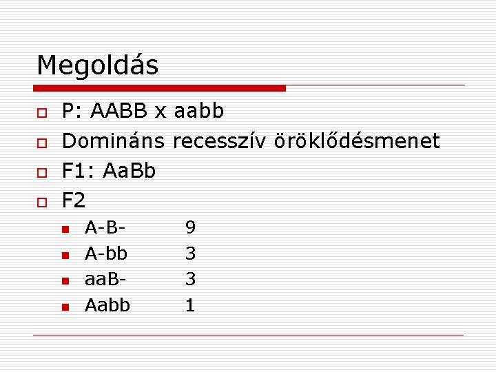 Megoldás o o P: AABB x aabb Domináns recesszív öröklődésmenet F 1: Aa. Bb