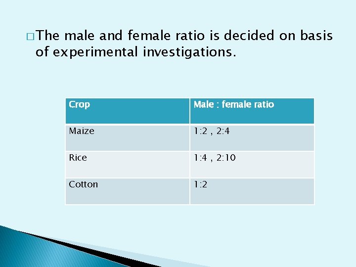 � The male and female ratio is decided on basis of experimental investigations. Crop