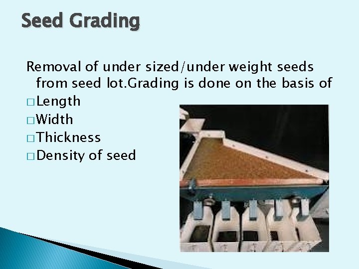 Seed Grading Removal of under sized/under weight seeds from seed lot. Grading is done Seed Grading Removal of under sized/under weight seeds from seed lot. Grading is done