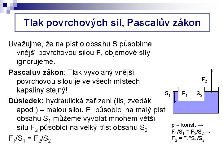 Tlak povrchových sil, Pascalův zákon Uvažujme, že na píst o obsahu S působíme vnější