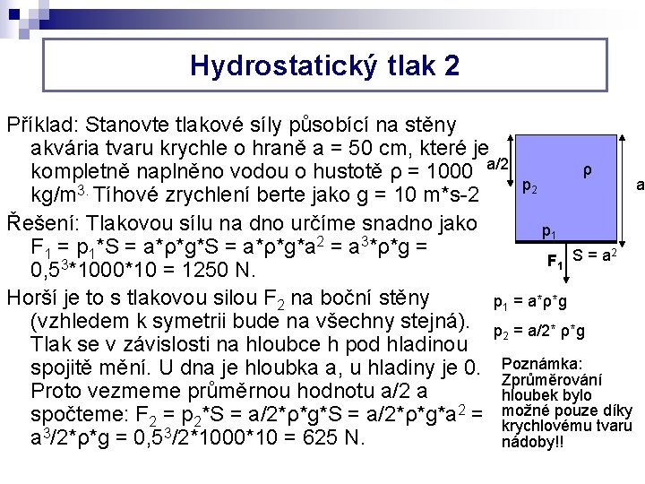Hydrostatický tlak 2 Příklad: Stanovte tlakové síly působící na stěny akvária tvaru krychle o