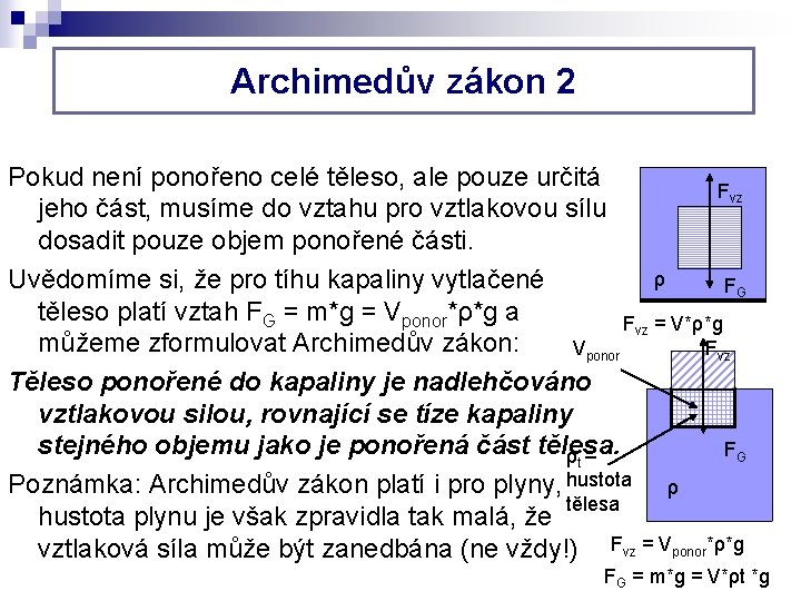 Archimedův zákon 2 Pokud není ponořeno celé těleso, ale pouze určitá Fvz jeho část,