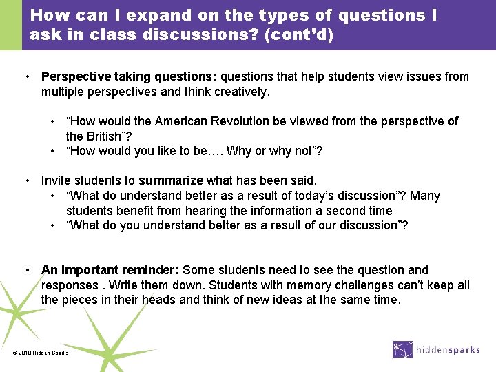 How can I expand on the types of questions I ask in class discussions?