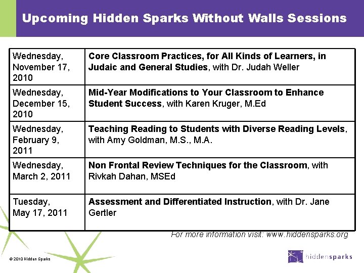 Upcoming Hidden Sparks Without Walls Sessions Wednesday, November 17, 2010 Core Classroom Practices, for