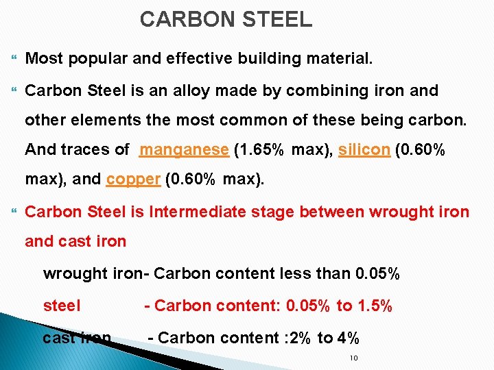 CARBON STEEL Most popular and effective building material. Carbon Steel is an alloy made