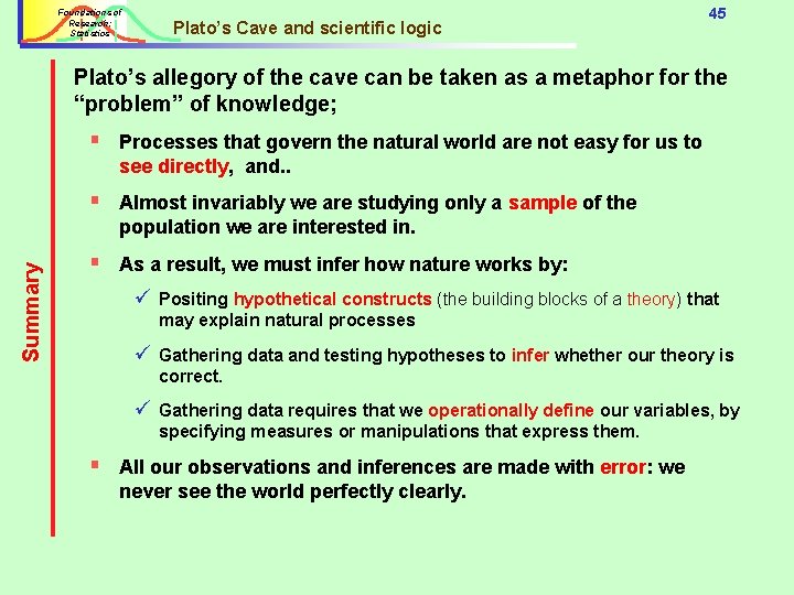 Foundations of Research: Statistics Plato’s Cave and scientific logic 45 Plato’s allegory of the Foundations of Research: Statistics Plato’s Cave and scientific logic 45 Plato’s allegory of the