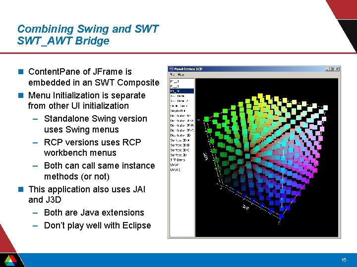 Combining Swing and SWT_AWT Bridge n Content. Pane of JFrame is embedded in an