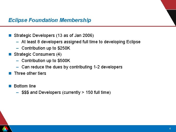 Eclipse Foundation Membership n Strategic Developers (13 as of Jan 2006) – At least