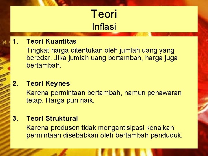 Teori Inflasi 1. Teori Kuantitas Tingkat harga ditentukan oleh jumlah uang yang beredar. Jika Teori Inflasi 1. Teori Kuantitas Tingkat harga ditentukan oleh jumlah uang yang beredar. Jika