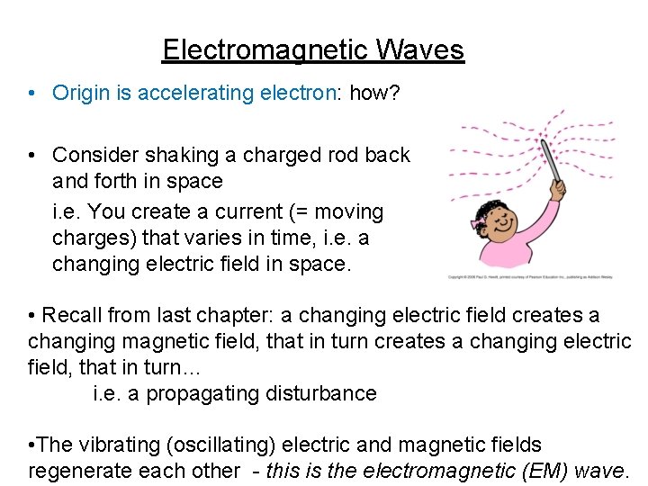 Electromagnetic Waves • Origin is accelerating electron: how? • Consider shaking a charged rod