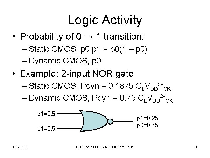 Logic Activity • Probability of 0 → 1 transition: – Static CMOS, p 0