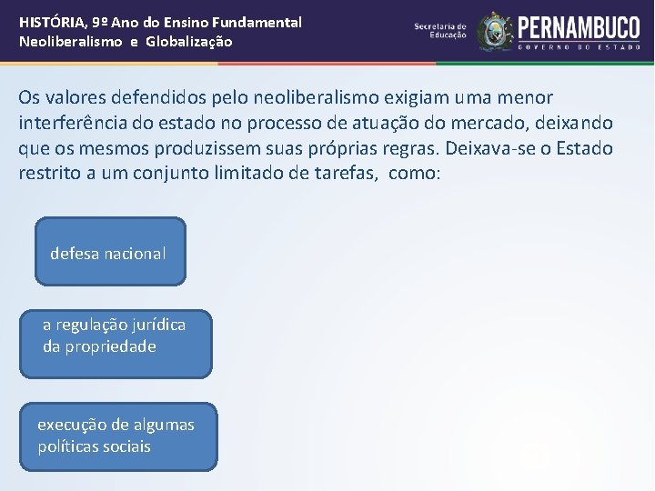 HISTÓRIA, 9º Ano do Ensino Fundamental Neoliberalismo e Globalização Os valores defendidos pelo neoliberalismo