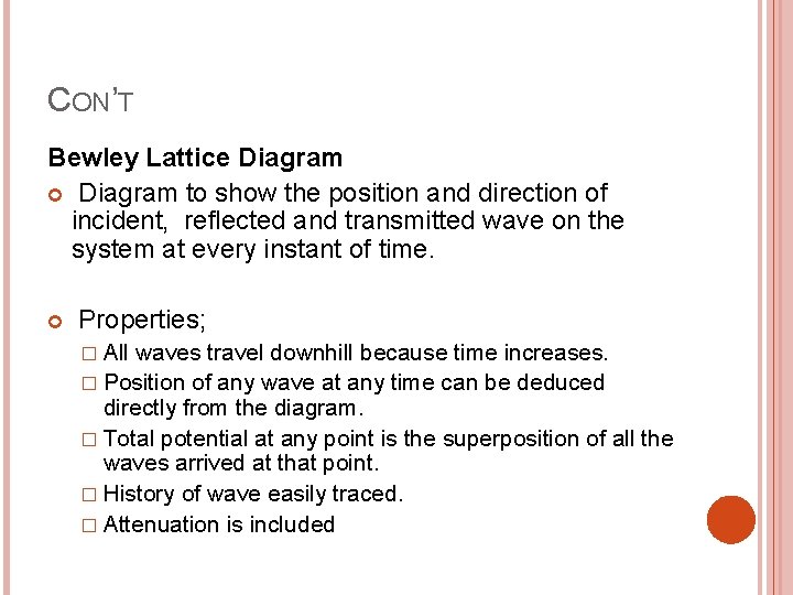 CON’T Bewley Lattice Diagram to show the position and direction of incident, reflected and