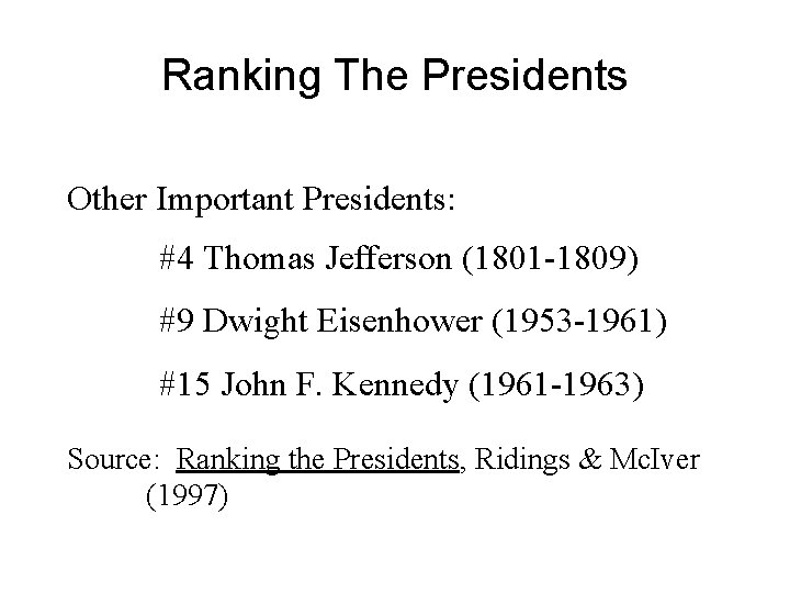 Ranking The Presidents Other Important Presidents: #4 Thomas Jefferson (1801 -1809) #9 Dwight Eisenhower