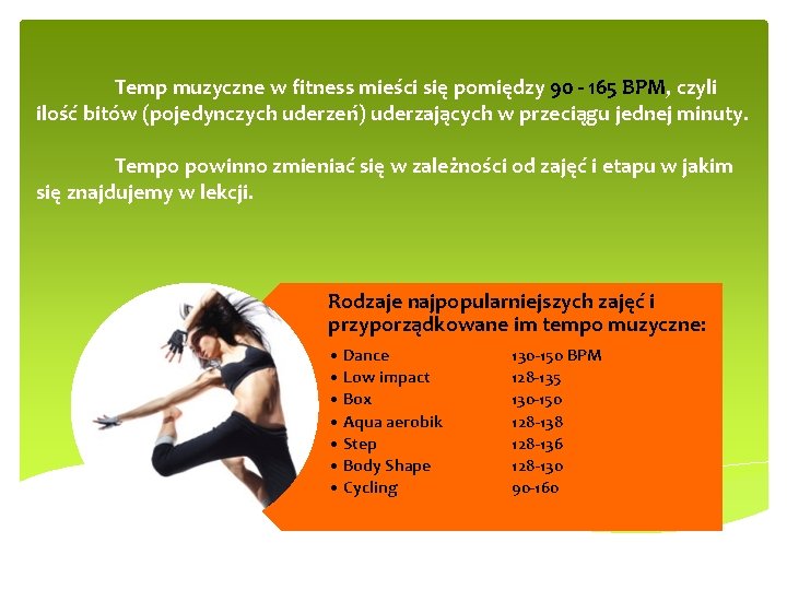 Temp muzyczne w fitness mieści się pomiędzy 90 - 165 BPM, czyli ilość bitów