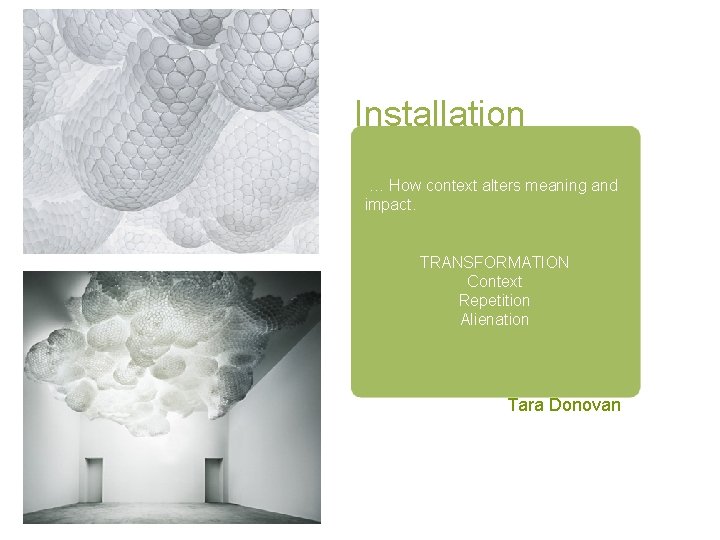 Installation … How context alters meaning and impact. TRANSFORMATION Context Repetition Alienation Tara Donovan
