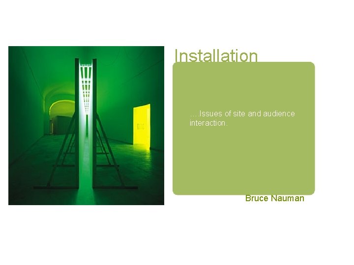 Installation …. Issues of site and audience interaction. Bruce Nauman 