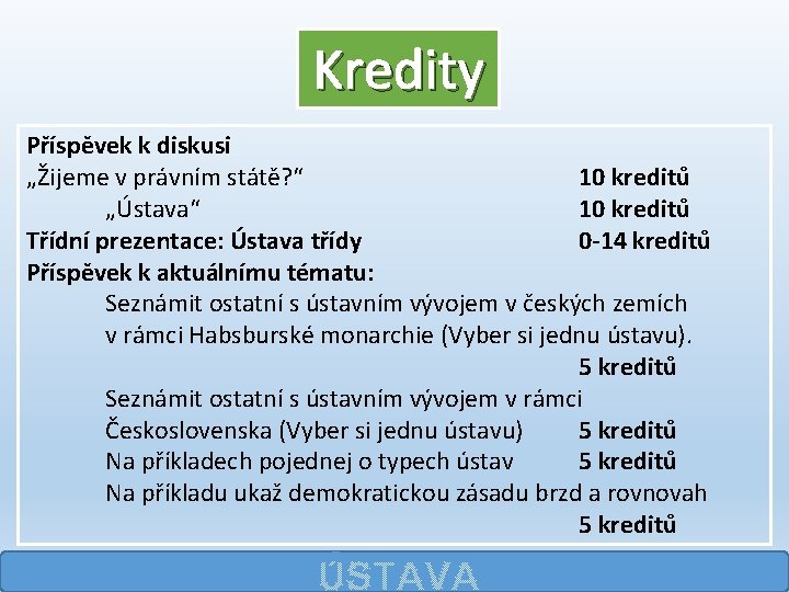 Kredity Příspěvek k diskusi „Žijeme v právním státě? “ 10 kreditů „Ústava“ 10 kreditů