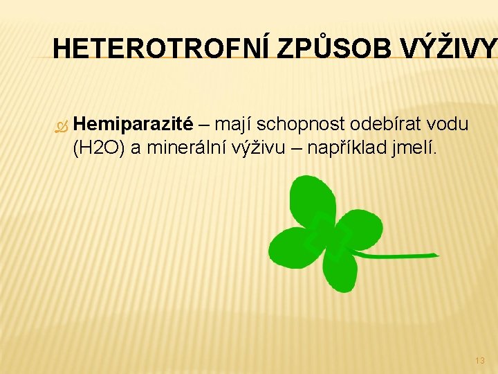 HETEROTROFNÍ ZPŮSOB VÝŽIVY Hemiparazité – mají schopnost odebírat vodu (H 2 O) a minerální