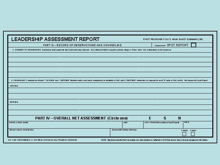 LEADERSHIP ASSESSMENT REPORT STAFF PROPONENT IS U. S. ARMY CADET COMMAND (G 3) PART